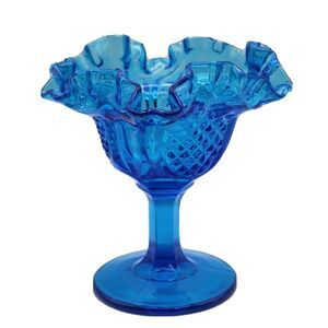 Fenton Art Glass Pineapple Pattern Colonial Blue Crimped Ruffle Compote Gift